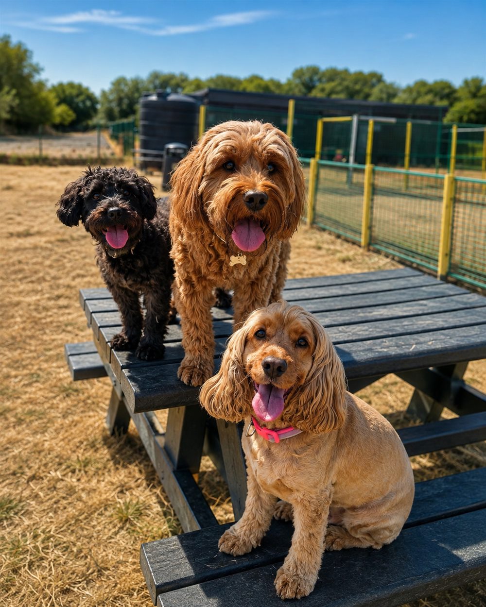 Three happy cockapoos sitting together on a picnic table at a sunny secure dog field