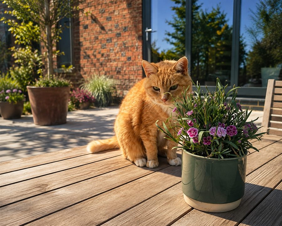 A ginger cat sitting in the sunshine on a garden decking beside a pot of flowers